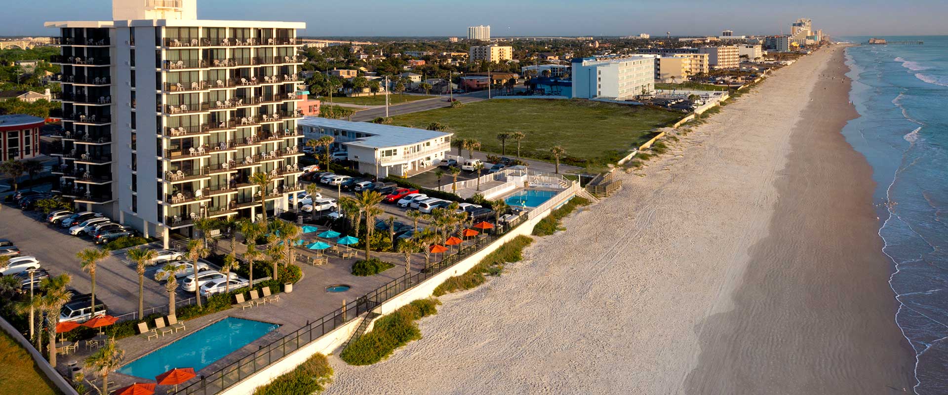 Nautilus Inn aerial view of beachside pool deck